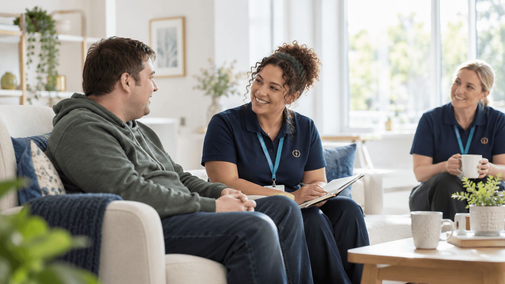 Illustrative support worker listening to a person in a care setting.
