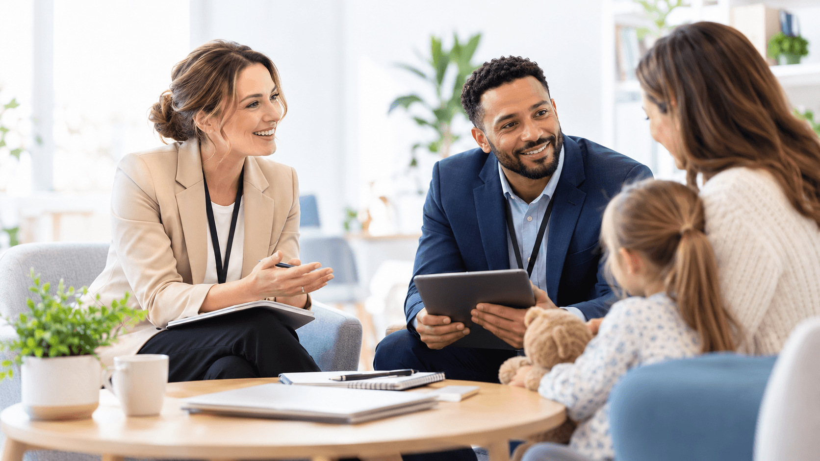 Illustrative family and professionals in conversation, representing the human context behind evidence and decisions.