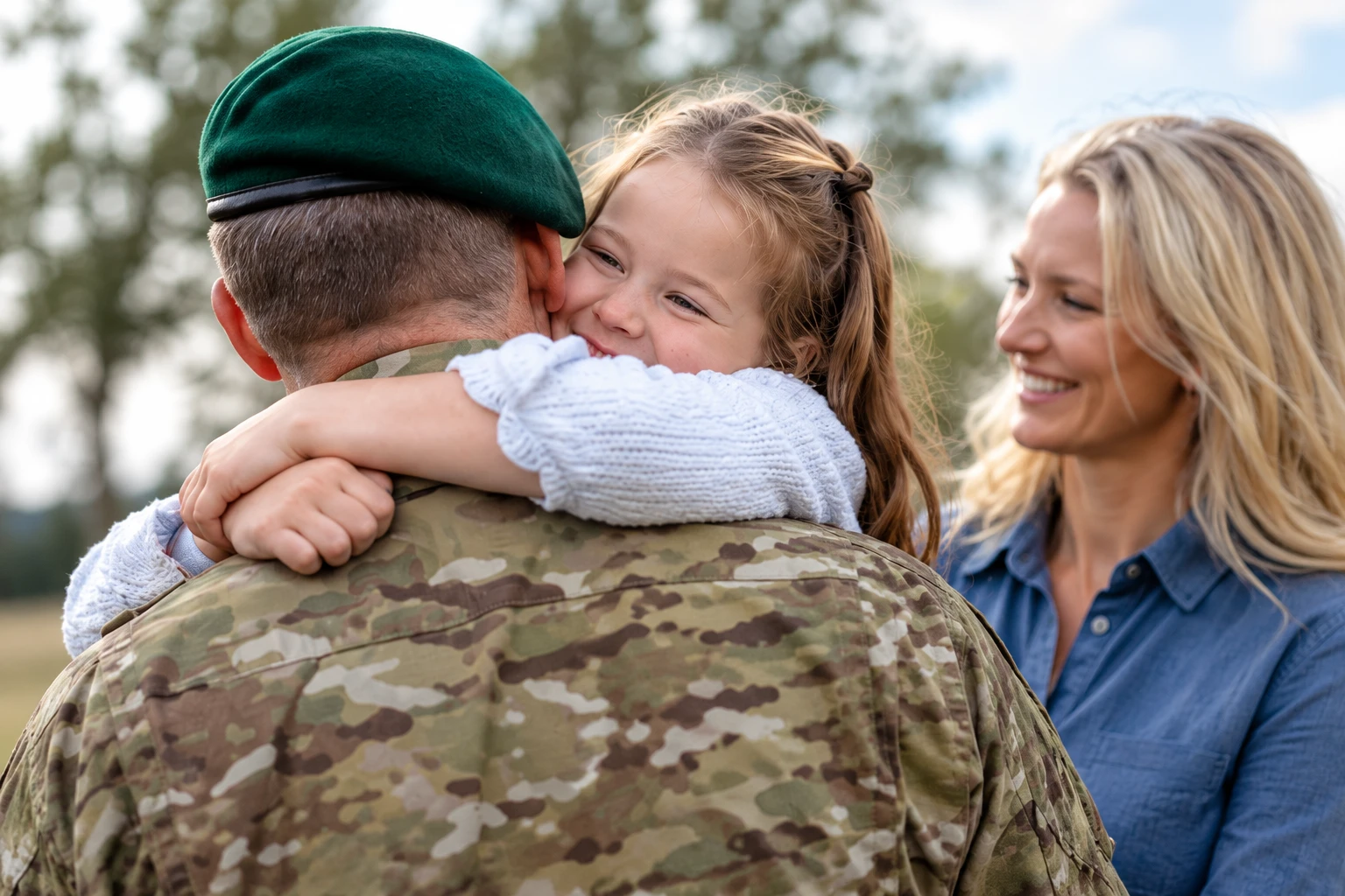 A British serviceperson in a green beret embracing his smiling daughter beside his partner.